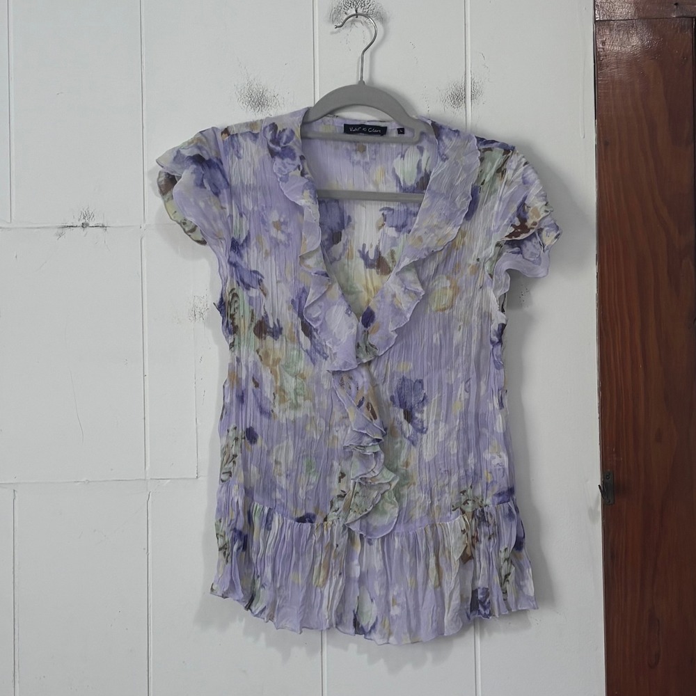 Violet & Claire Lavender Floral Plissé Ruffle Peplum Blouse Large Short Sleeve
